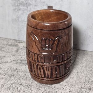 Hawaii Hand Carved Wooden Wood Mug HANG LOOSE HAWAII Cup Vintage W Sticker